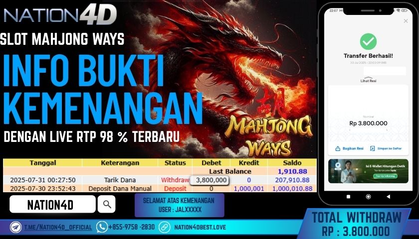 NATION4D – SLOT MAHJONG WAYS RP. 3,800,000 LUNAS!!
