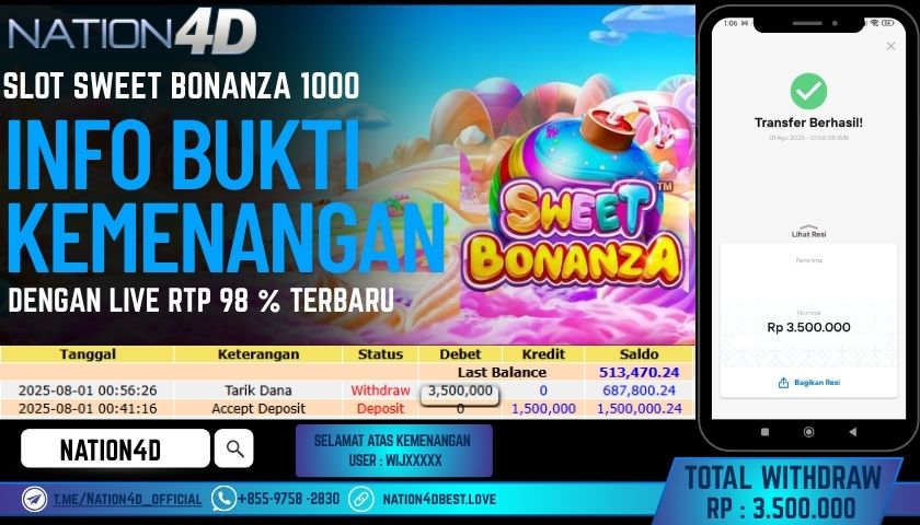 NATION4D – SLOT SWEET BONANZA 1000 RP.3,500,000 LUNAS!!