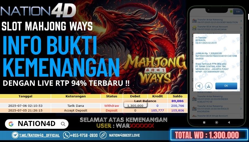 NATION4D -SLOT MAHJONG WAYS RP.1,300,000 LUNAS!!
