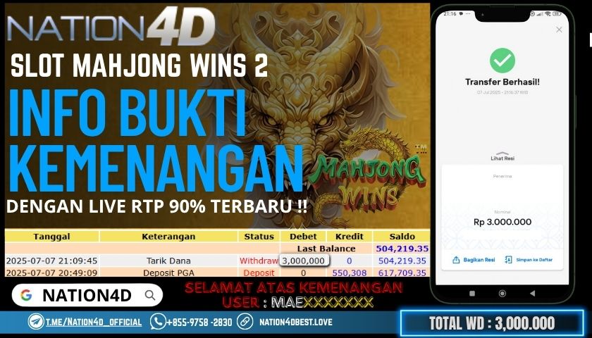 NATION4D -SLOT MAHJONG WINS 2 RP.3,000,000 LUNAS!!
