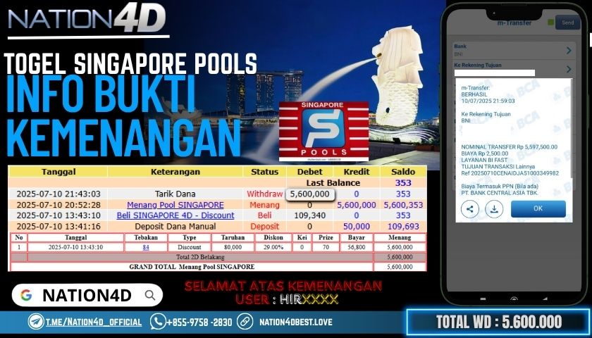 NATION4D – TOGEL SINGAPORE POOLS RP.5,600,000 LUNAS!!