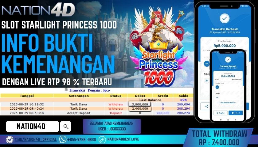 NATION4D -SLOT STARLIGHT PRINCESS 1000 RP.7,400,000 LUNAS!!