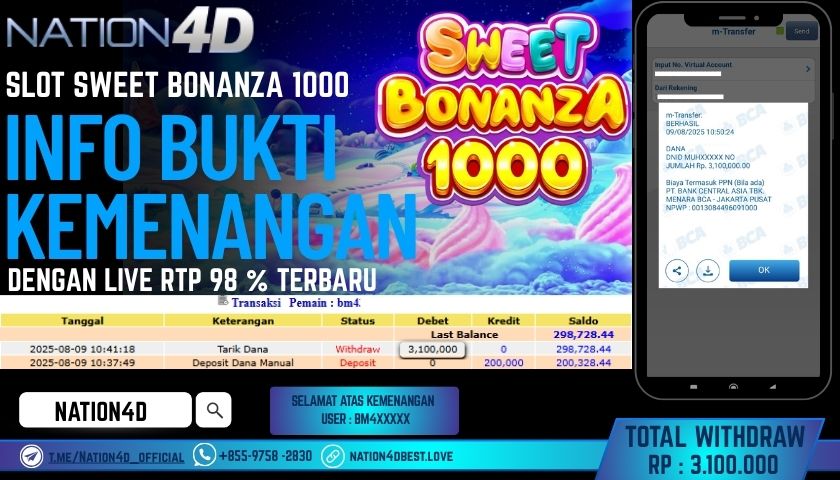 NATION4D – SLOT SWEET BONANZA 1000 RP.3,100,000 LUNAS!!