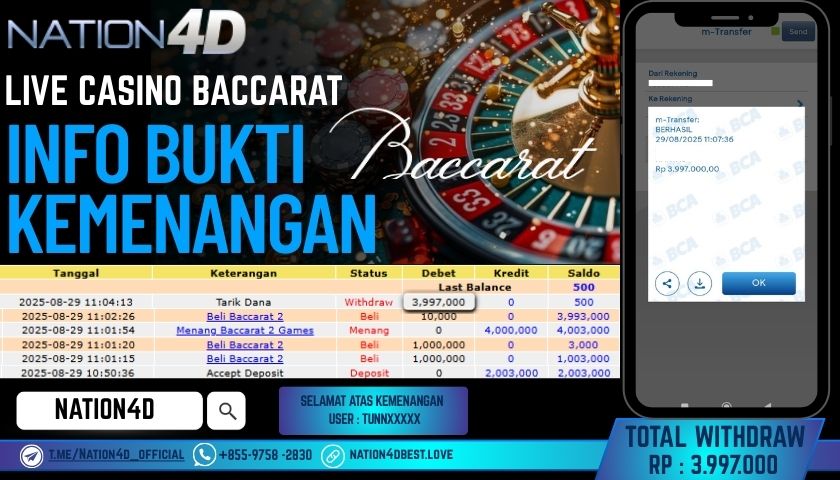NATION4D -LIVE CASINO BACCARAT RP.3,997,000 LUNAS!!