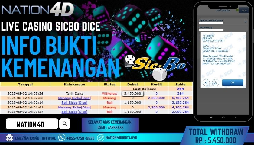 NATION4D – LIVE CASINO SICBO DICE RP.5,450,000 LUNAS!!