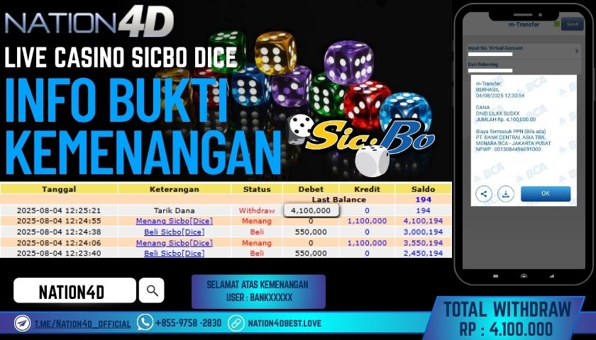 NATION4D – LIVE CASINO SICBO DICE RP.4,100,000 LUNAS!!