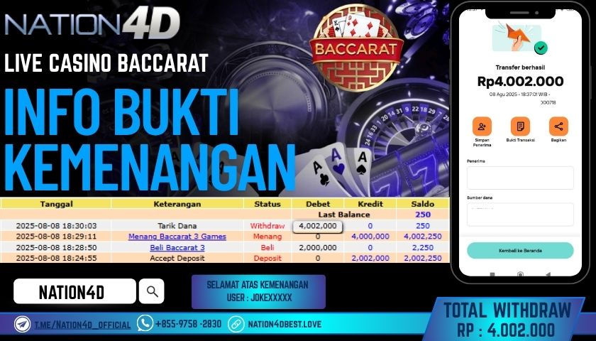 NATION4D – LIVE CASINO BACCARAT RP.4,002,000 LUNAS!!