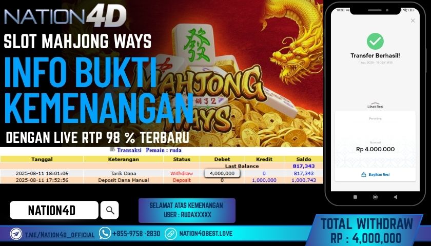 NATION4D -SLOT MAHJONG WAYS  RP.4,000,000 LUNAS!!