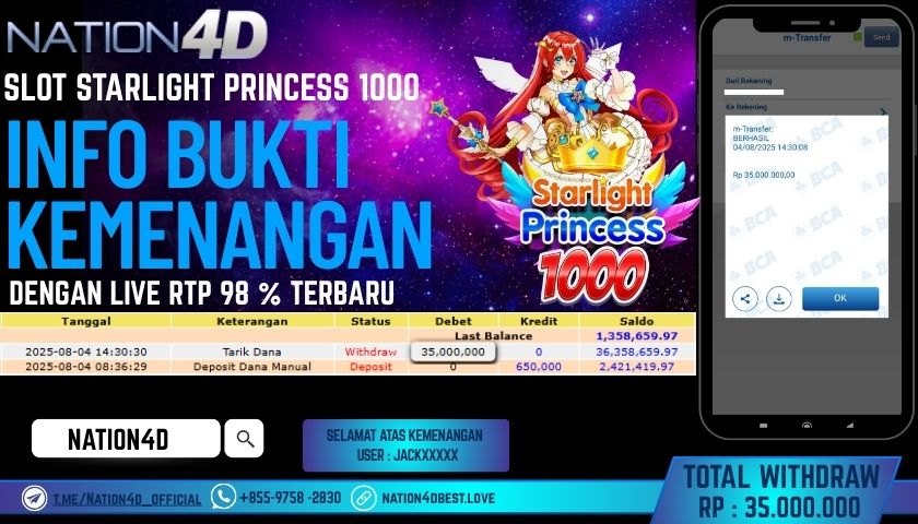 NATION4D – SLOT STARLIGHT PRINCESS 1000 RP.35,000,000 LUNAS!!