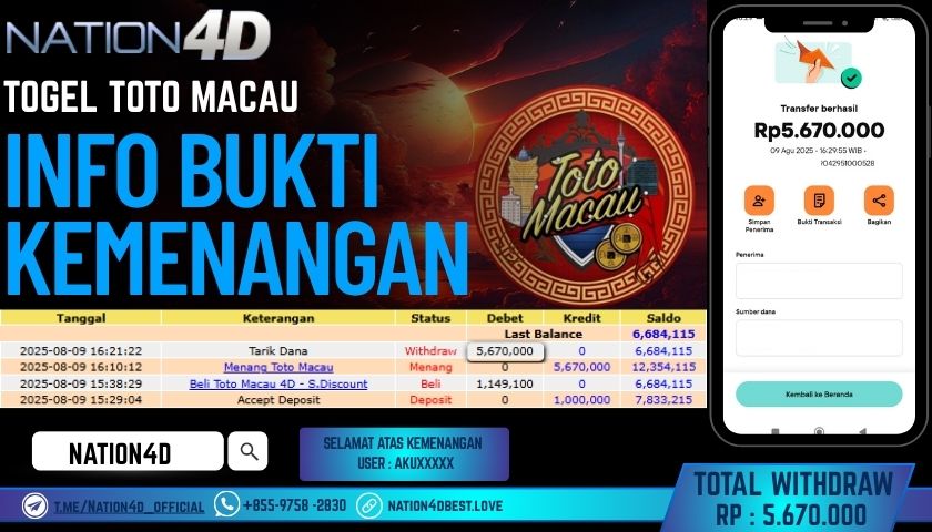 NATION4D – TOGEL TOTO MACAU RP.5,670,000 LUNAS!!