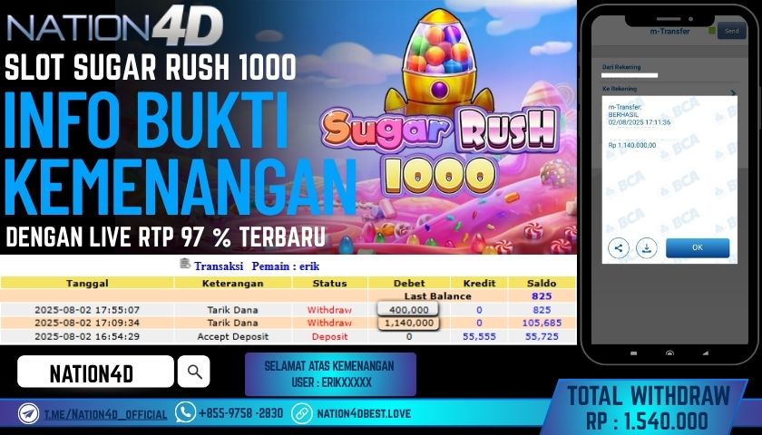 NATION4D – SLOT SUGAR RUSH 1000 RP.1,540,000 LUNAS!!