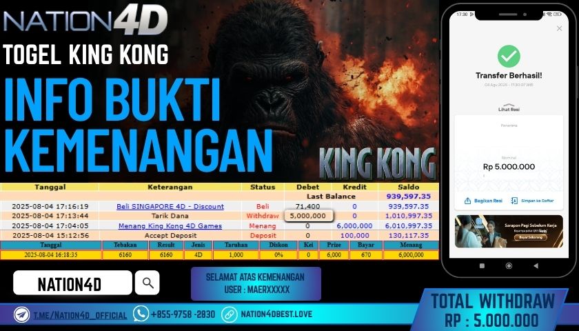 NATION4D – TOGEL KING KONG RP.5,000,000 LUNAS!!