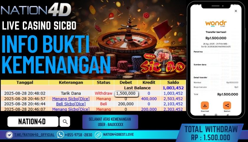 NATION4D -LIVE CASINO SICBO RP.1,500,000 LUNAS!!