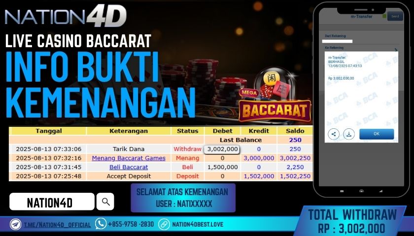 NATION4D – LIVE CASINO BACCARAT RP.3,002,000 LUNAS!!