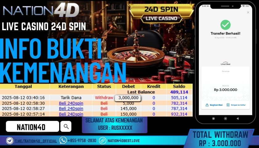 NATION4D – LIVE CASINO 24D SPIN RP.3,000,000 LUNAS!!