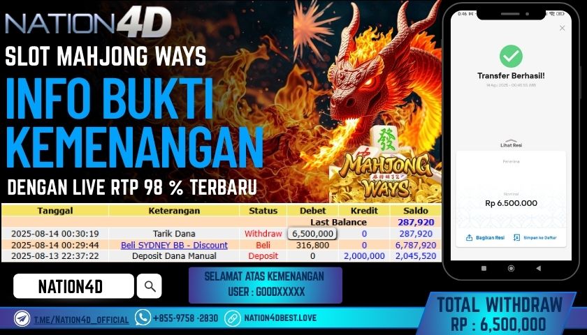 NATION4D – SLOT MAHJONG WAYS RP.6,500,000 LUNAS!!