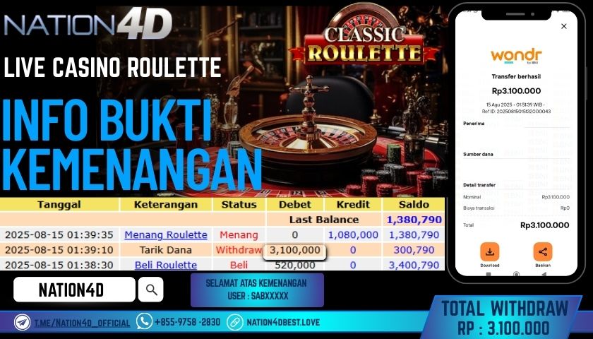 NATION4D – LIVE CASINO ROULETTE RP.3,100,000 LUNAS!!