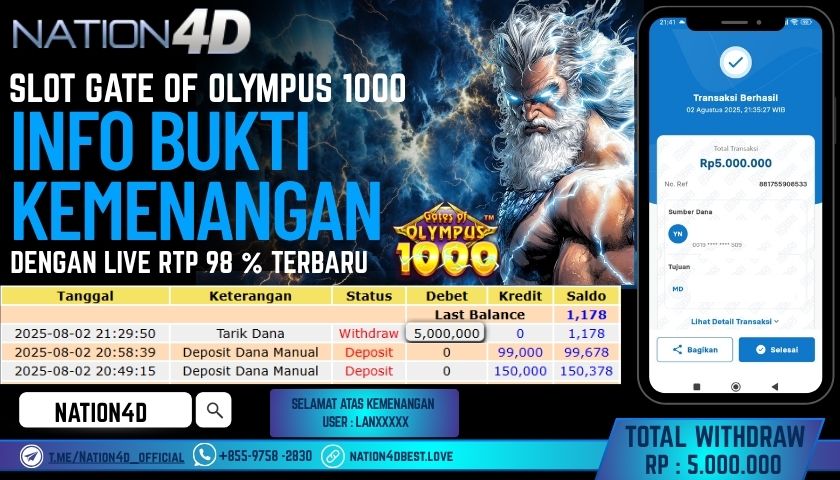 NATION4D – SLOT GTAES OF OLYMPUS 1000                        RP.5,000,000 LUNAS!!