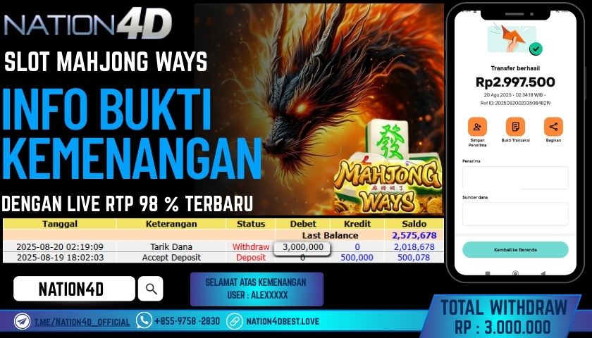NATION4D -SLOT MAHJONG WAYS RP.3,000,000 LUNAS!!