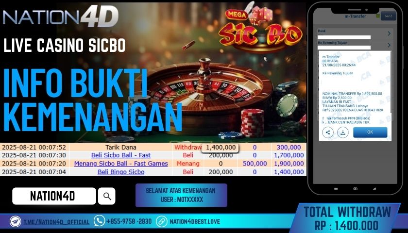 NATION4D -LIVE CASINO SICBO RP.1,400,000 LUNAS!!