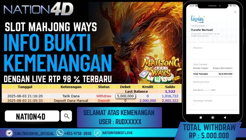 NATION4D – SLOT MAHJONG WAYS RP.5,000,000 LUNAS!!