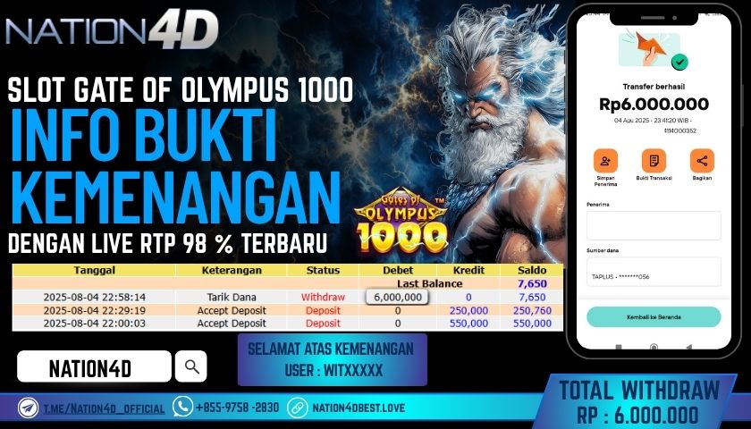NATION4D – SLOT GATES OF OLYMPUS 1000                            RP.6,000,000 LUNAS!!