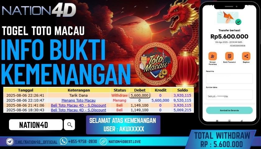 NATION4D – TOGEL TOTO MACAU RP.5,600,000 LUNAS!!