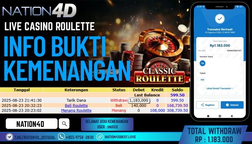 NATION4D -LIVE CASINO ROULETTE RP.1,183,000 LUNAS!!