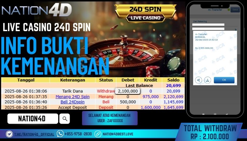 NATION4D -LIVE CASINO 24D SPIN RP.2,100,000 LUNAS!!