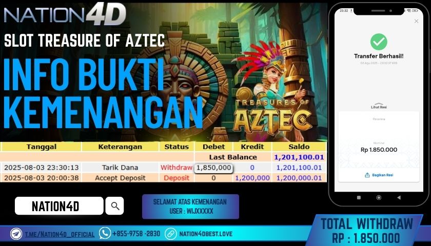 NATION4D – SLOT TREASURE OF AZTEC RP.1,850,000 LUNAS!!