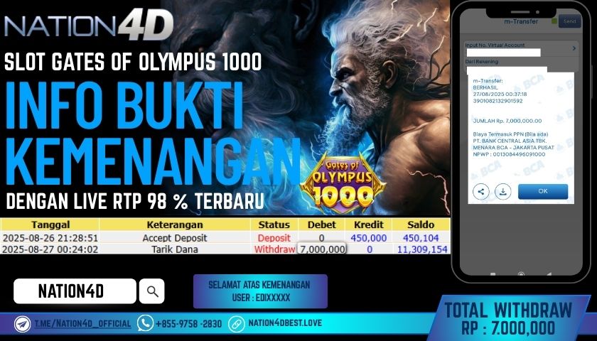 NATION4D -SLOT GATES OF OLYMPUS 1000 RP.7,000,000 LUNAS!!