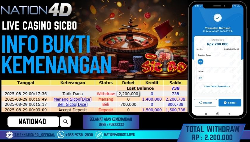 NATION4D -LIVE CASINO SICBO RP.2,200,000 LUNAS!!