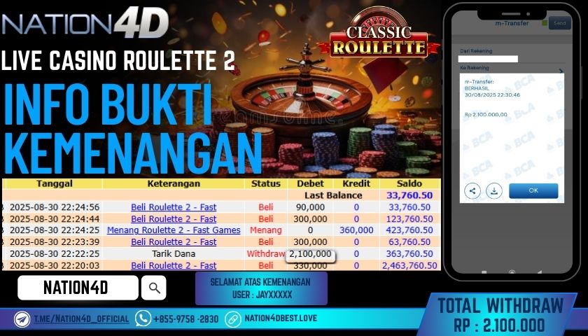 NATION4D -LIVE CASINO ROULETTE 2 RP.2,100,000 LUNAS!!