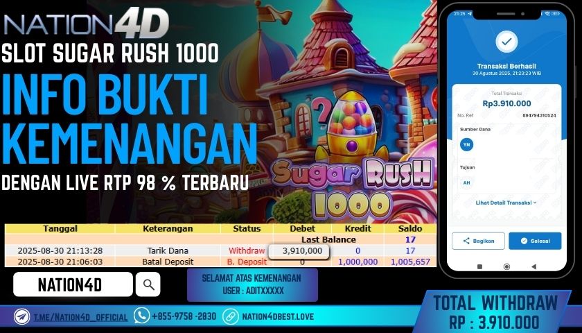 NATION4D -SLOT SUGAR RUSH 1000 RP.3,910,000 LUNAS!!