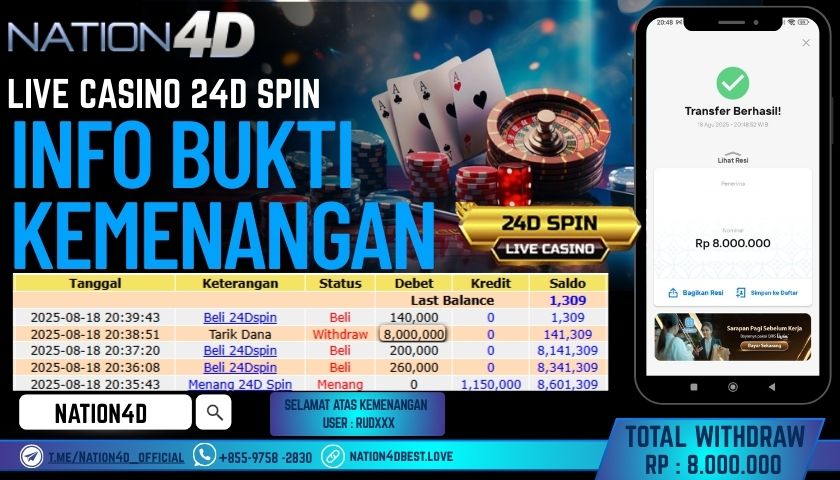 NATION4D – LIVE CASINO 24D SPIN  RP.8,000,000 LUNAS!!