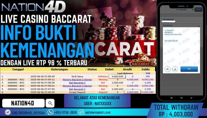 NATION4D – LIVE CASINO BACCARAT RP.4,003,000 LUNAS!!