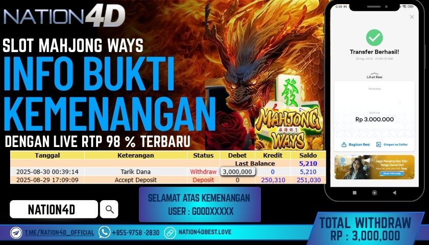 NATION4D -SLOT MAHJONG WAYS RP.3,000,000 LUNAS!!