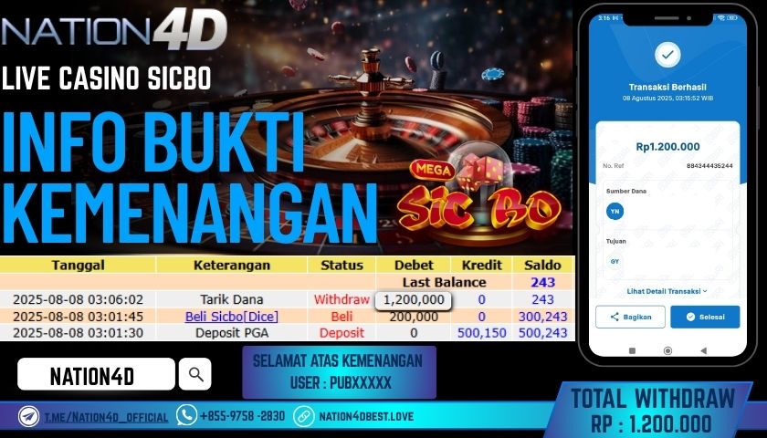 NATION4D – LIVE CASINO SICBO RP.1,200,000 LUNAS!!