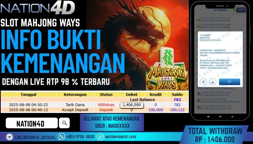 NATION4D – SLOT MAHJONG WAYS RP.1,406,000 LUNAS!!