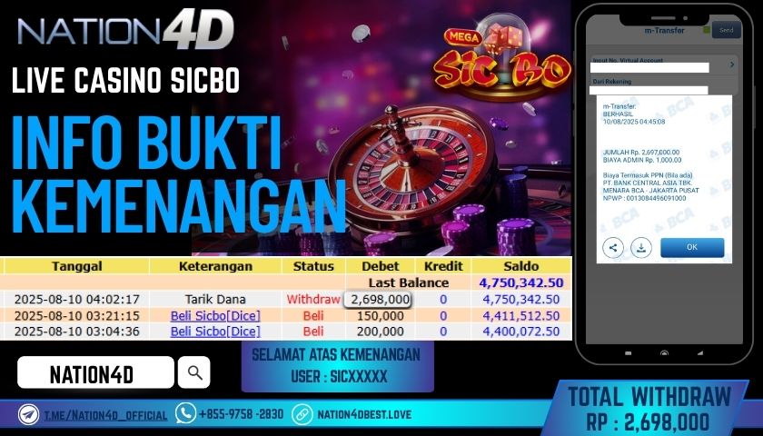 NATION4D – LIVE CASINO SICBO RP.2,698,000 LUNAS!!