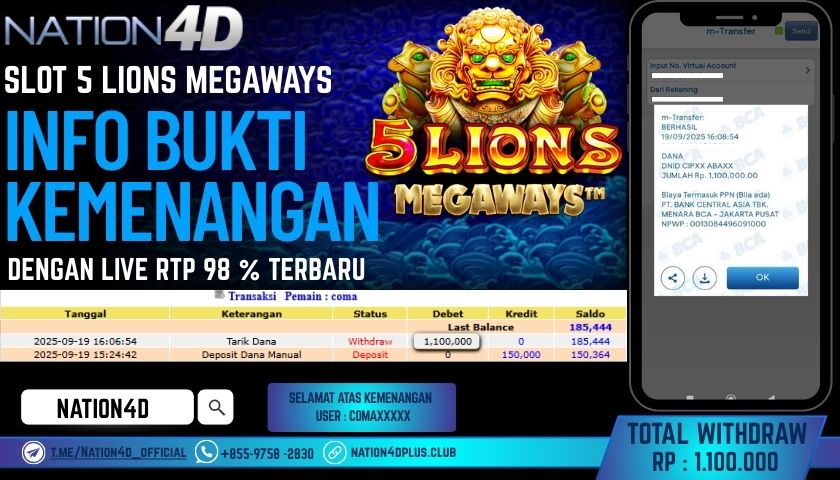NATION4D -SLOT 5 LIONS MEGAWAYS RP.1,100,000 LUNAS!