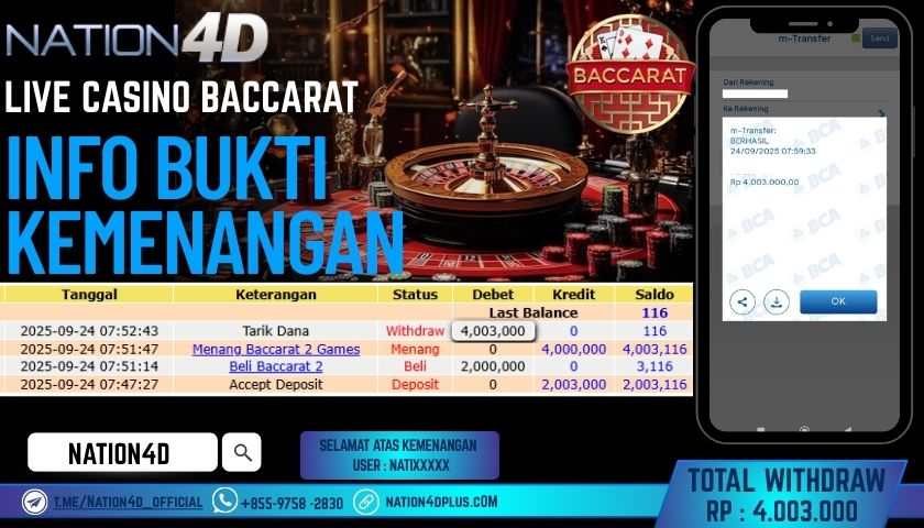 NATION4D -LIVE CASINO BACCARAT RP.4,003,000 LUNAS!