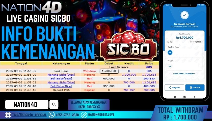 NATION4D -LIVE CASINO SICBO RP.1,700,000 LUNAS!!