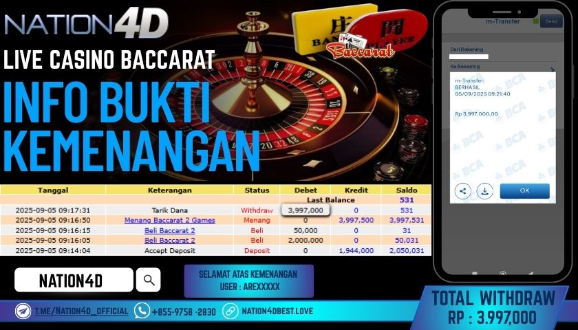 NATION4D -LIVE CASINO BACCARAT RP.3,997,000 LUNAS!!