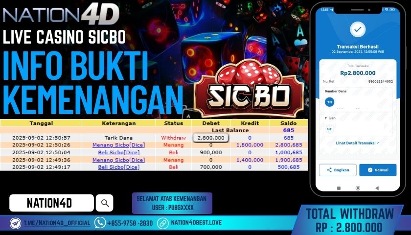 NATION4D -LIVE CASINO SICBO RP.2,800,000 LUNAS!!