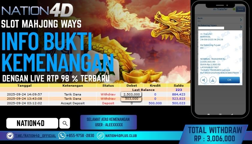 NATION4D -SLOT MAHJONG WAYS  RP.3,006,000 LUNAS!