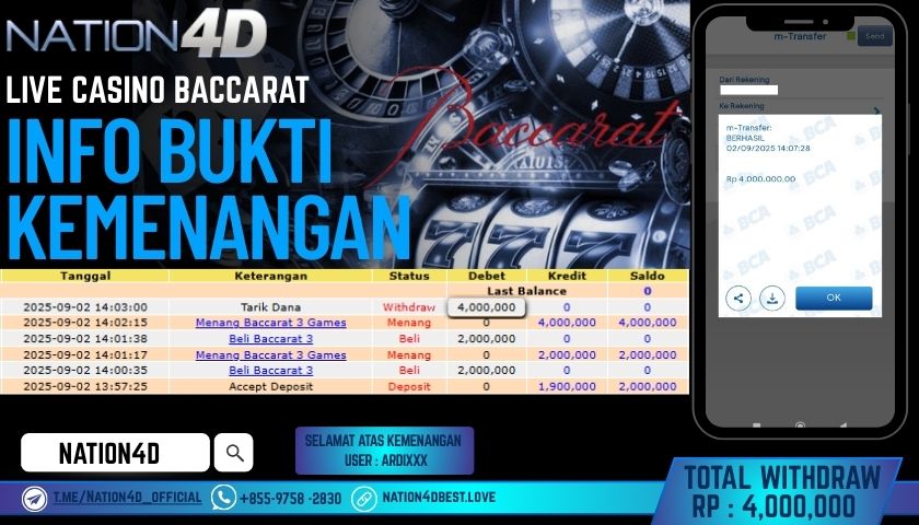NATION4D -LIVE CASINO BACCARAT RP.4,000,000 LUNAS!!