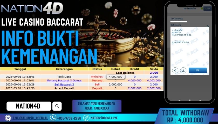 NATION4D -LIVE CASINO BACCARAT RP.4,000,000 LUNAS!!