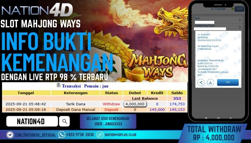 NATION4D -SLOT MAHJONG WAYS RP.4,000,000 LUNAS!