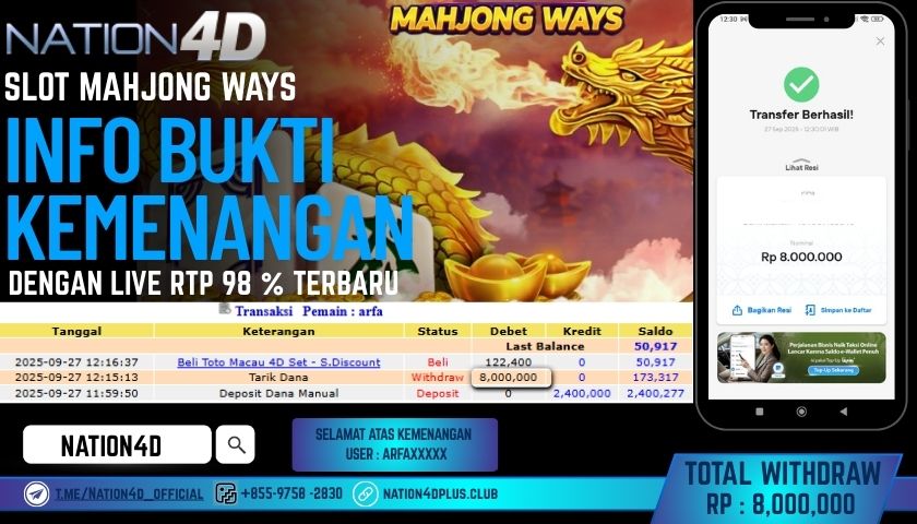 NATION4D -SLOT MAHJONG WAYS RP.8,000,000 LUNAS!